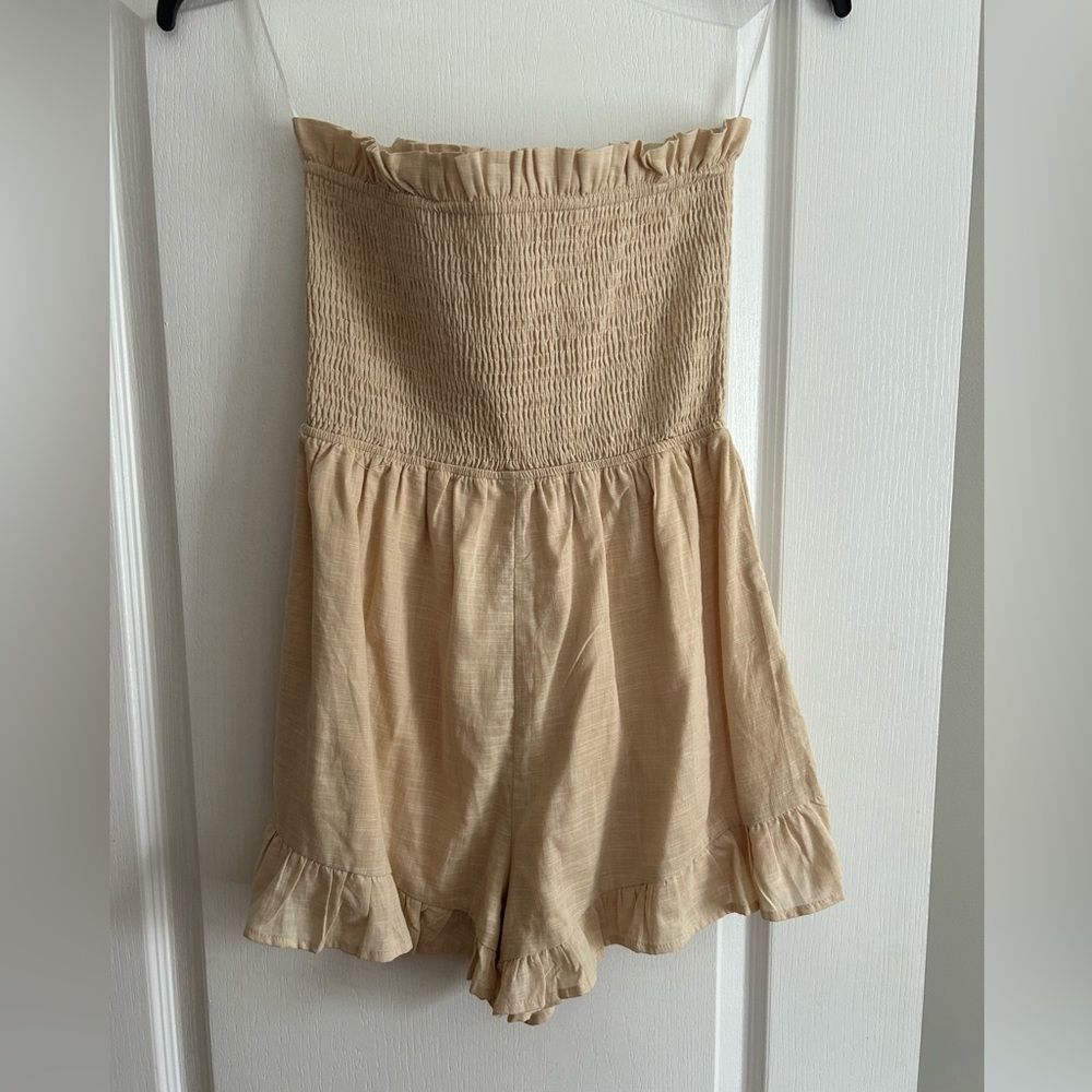 Princess Polly Beige Smocked Strapless Romper